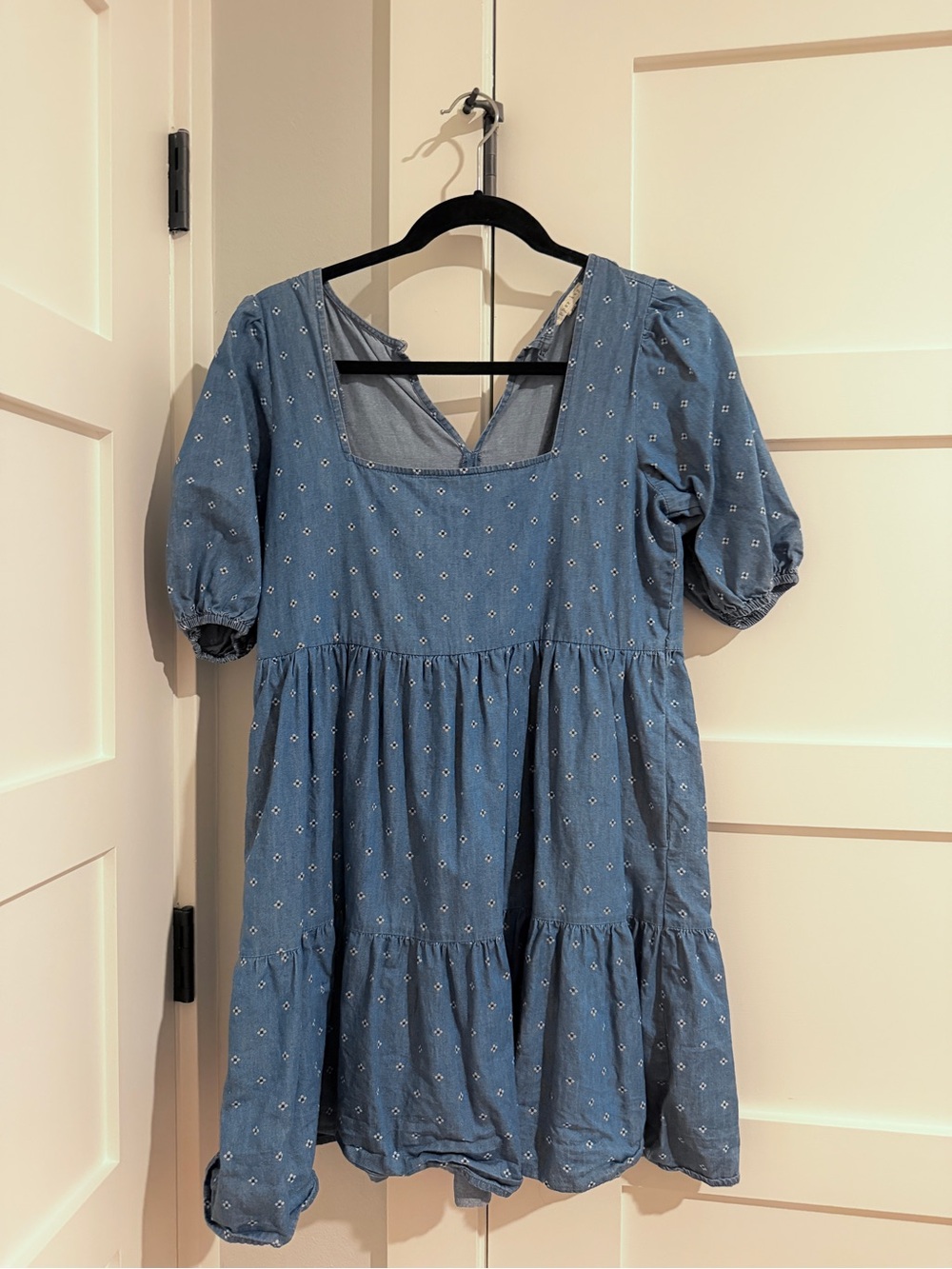 Copper Key Blue Puff Sleeve Tiered Eyelet Mini Dress